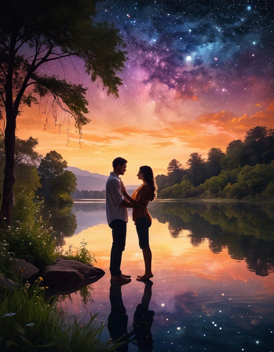 A captivating scene featuring a couple in a dreamy, romantic embrace under a starry night sky, surrounded by soft glowing lights. The background showcases a beautiful landscape with lush greenery and a serene lake reflecting the moonlight. Include elements of passion and intimacy, such as intertwined hands and warm smiles. Emphasize vibrant colors to evoke emotions of love and desire. painterly style, warm tones, ethereal lighting.