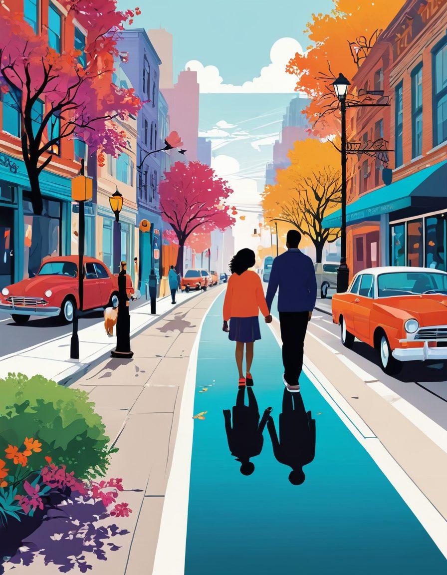 A beautifully illustrated journey showcasing diverse couples navigating through various landscapes, from bustling city streets to serene nature. Include elements representing hope, connection, and emotional growth, with vibrant colors reflecting the highs and lows of love. Incorporate symbols of modern romance like smartphones and social media icons intertwined with natural elements. Create a dreamlike, whimsical atmosphere. vector art. vibrant colors.