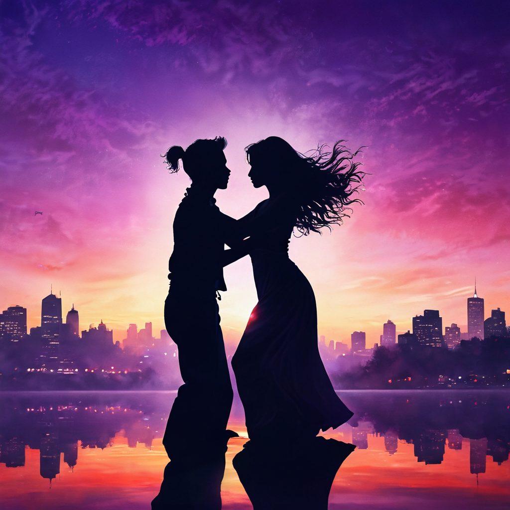A close-up of two silhouettes dancing under a twilight sky, their bodies intertwined to symbolize deep emotional connections. Surrounding them are soft, swirling lights representing passion and intimacy, with vibrant red and purple hues merging in the background. Gentle wisps of mist embrace their figures, adding a mystic touch to the scene. A hint of cityscape silhouettes can be seen subtly in the distance, enhancing the relationship theme. super-realistic. vibrant colors. twilight ambiance.
